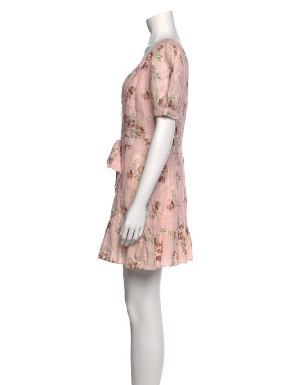 LoveShackFancy Pink Floral Linen Mini Dress Puff Sleeve Bow Detail Size Large - Picture 4 of 11